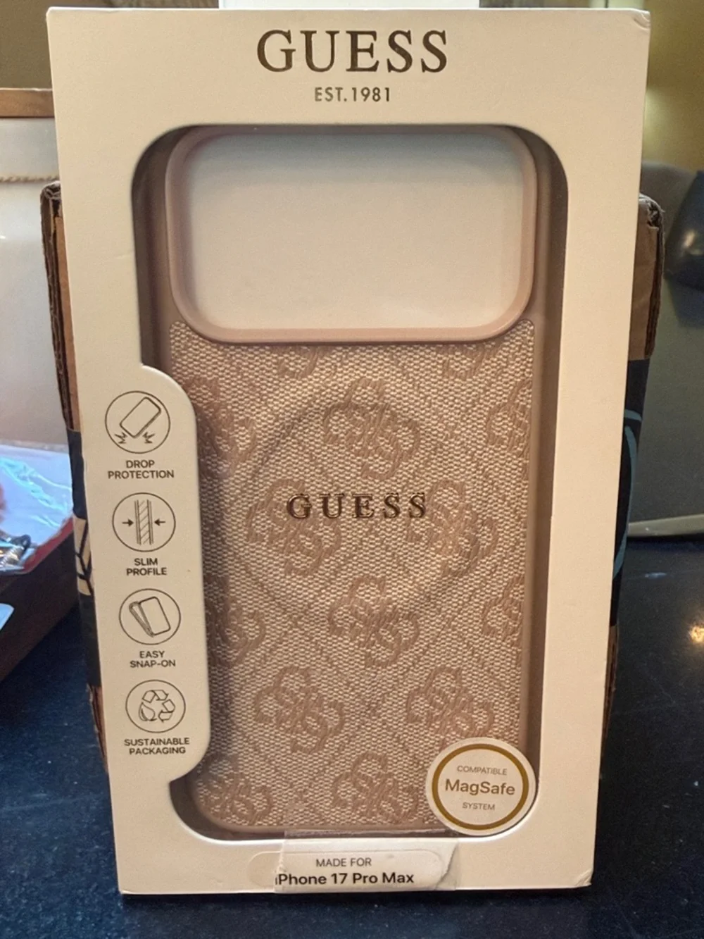 GUESS Beige Logo Pattern MagSafe Case for iPhone 17 Pro Max